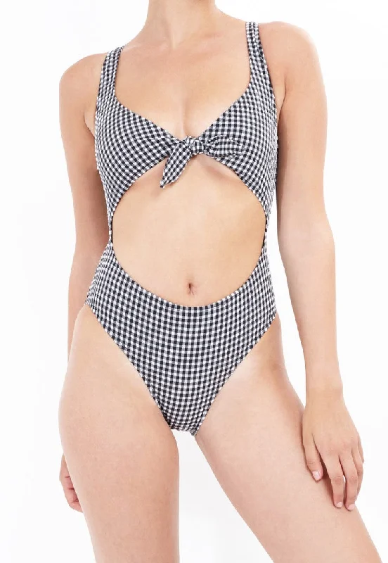 MONOCHROME GINGHAM CUT OUT SWIMSUIT Deep-V Swimsuit Design