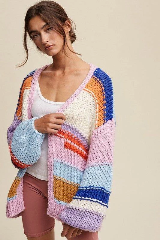 Listicle Hand Knit Multi Striped Cardigan Oversized Loose Flowy