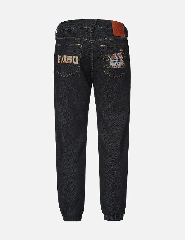 Kamon and Logo Appliqué Denim Jogger Pants Soft Sweatpants Style