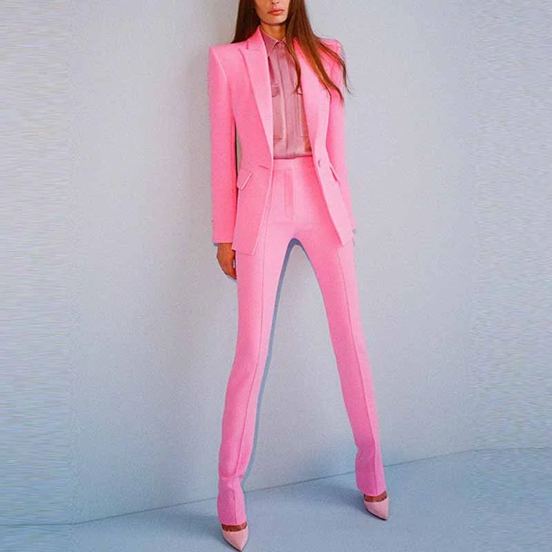 Pink Two Piece Set Business Single Buttons Pants Formal Suit Fashionable Work Pants