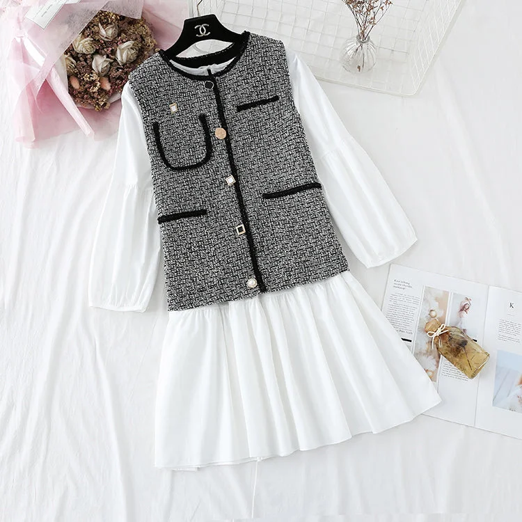 Two piece suit foreign style small fragrance vest LINED SKIRT loose A-line skirt 2357 casual skirt length Two piece suit foreign style small fragrance vest LINED SKIRT loose A-line skirt 2357 casual skirt length