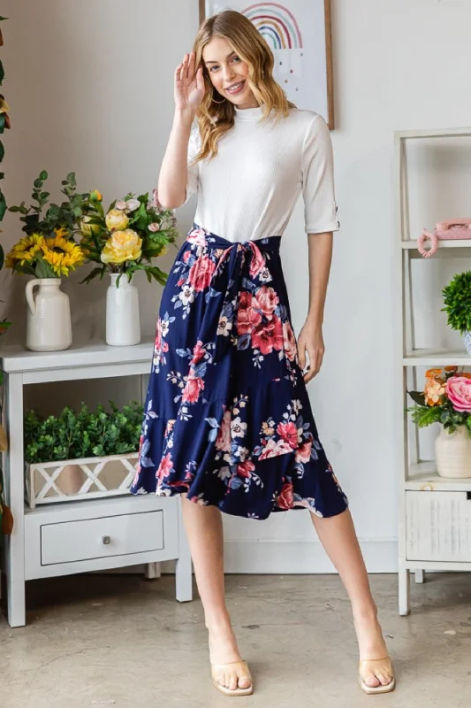 Navy Floral Wrap Ruffled Skirt (Online Exclusive) chiffon skirt lightweight