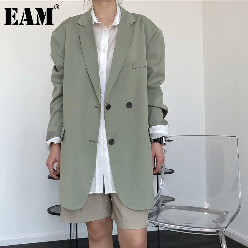 [EAM]  Women Green Big Size Long Casual Blazer Lapel Long Sleeve Loose Fit Jacket Tide Spring Autumn 2022 1DE0919 Insulated Jacket Fitted Jacket Loose Jacket