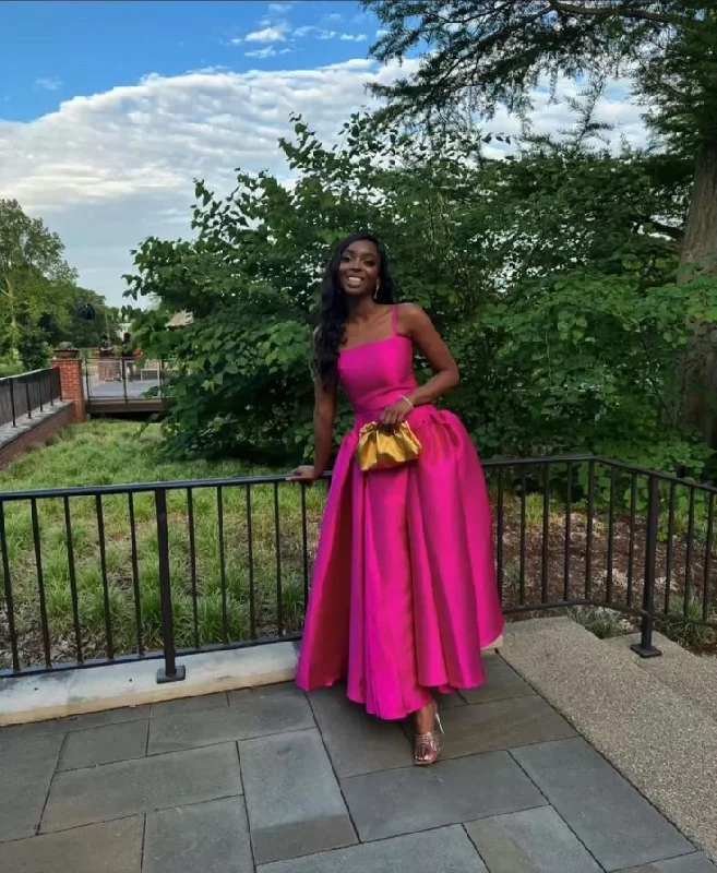 Fuchsia Spaghetti Straps A-Line Satin Long Formal Party Dress, DP3771 Tunics Bridal satin