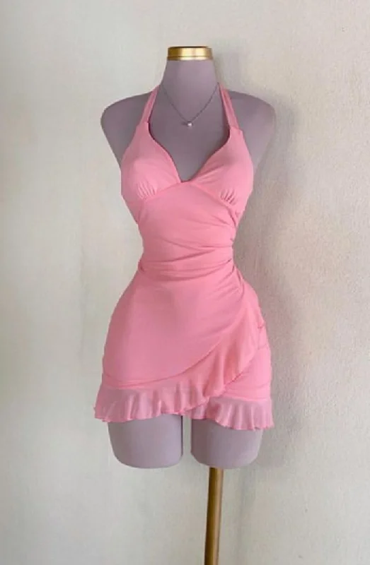 Pink Halter Sheath Ruffles Short Party Dress Mini Birthday Dress DP3934 Tunics Stylish elegant Pink Halter Sheath Ruffles Short Party Dress Mini Birthday Dress DP3934 Tunics Stylish elegant