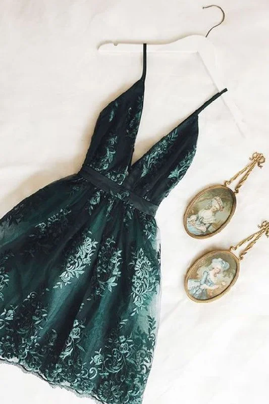Spaghetti Straps Dark Green Hoco Party Dress,Lace V neck Homecoming Dresses C662 Tunics Brand named Spaghetti Straps Dark Green Hoco Party Dress,Lace V neck Homecoming Dresses C662 Tunics Brand named