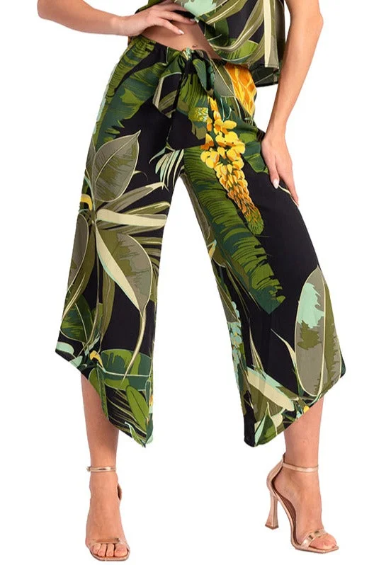 Waist Tie Tropical Print Asymmetric Cropped Tango Pants Soft Stretch Leggings