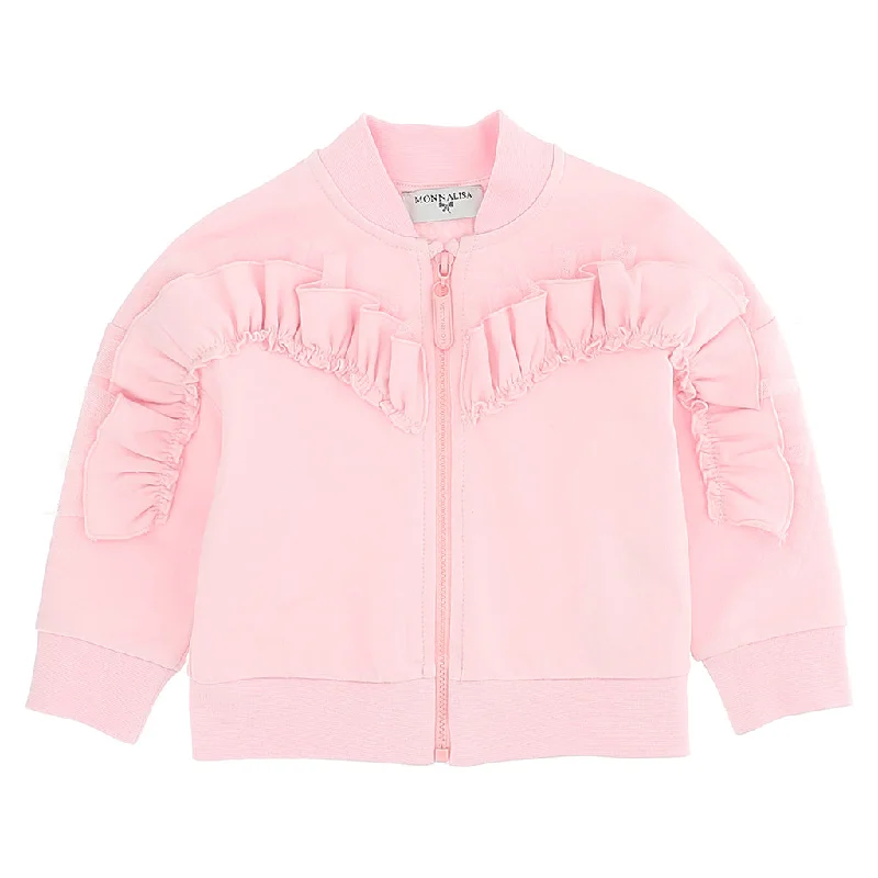Pink Ruffle Hem Cardigan Boat Neck Shawl Collar Notched Collar