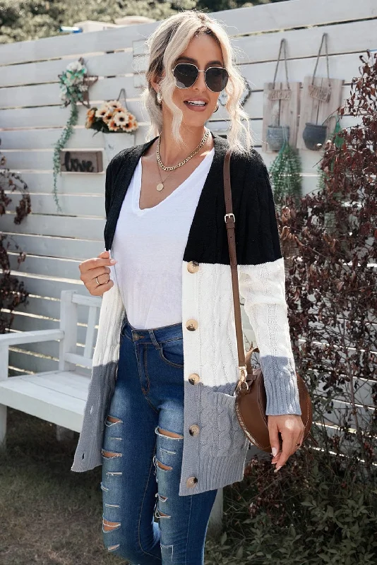 Cable Knit Cardigan with Side Pockets Mesh Blend Leather Blend Suede Blend