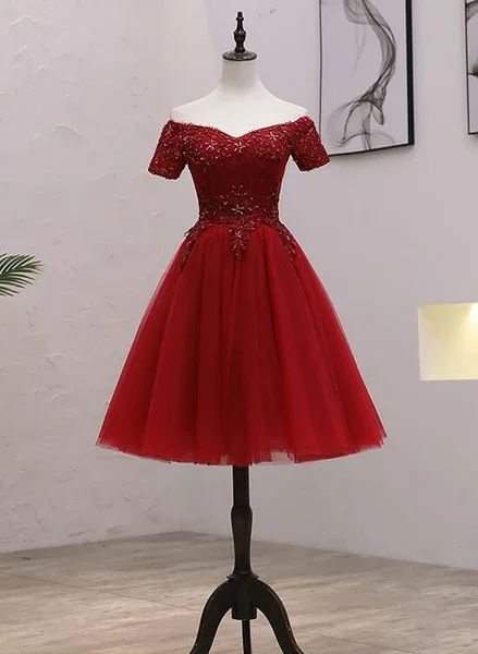 Tulle Dark Red Off The Shoulder Knee Length Homecoming Dress, Red Party Dress c2621 Tunics Mesh breathable Tulle Dark Red Off The Shoulder Knee Length Homecoming Dress, Red Party Dress c2621 Tunics Mesh breathable