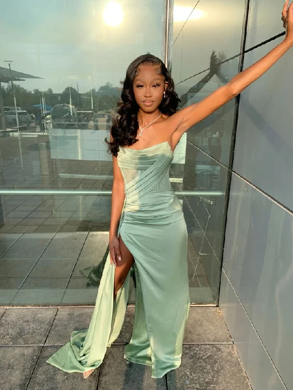 Sage Green Strapless Sheath Satin Long Formal Party Dress, DP4015 Off-the-shoulder Bohemian Festive Sage Green Strapless Sheath Satin Long Formal Party Dress, DP4015 Off-the-shoulder Bohemian Festive