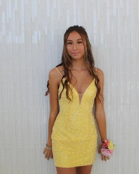 Tight Yellow Beaded Party Dress Homecoming Dress c2630 Tunics Lace romantic