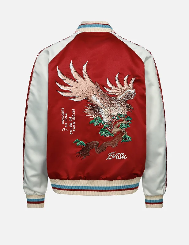 Eagle and Logo Embroidery Reversible Souvenir Jacket Denim Fabric Leather Fabric Suede Fabric Eagle and Logo Embroidery Reversible Souvenir Jacket Denim Fabric Leather Fabric Suede Fabric