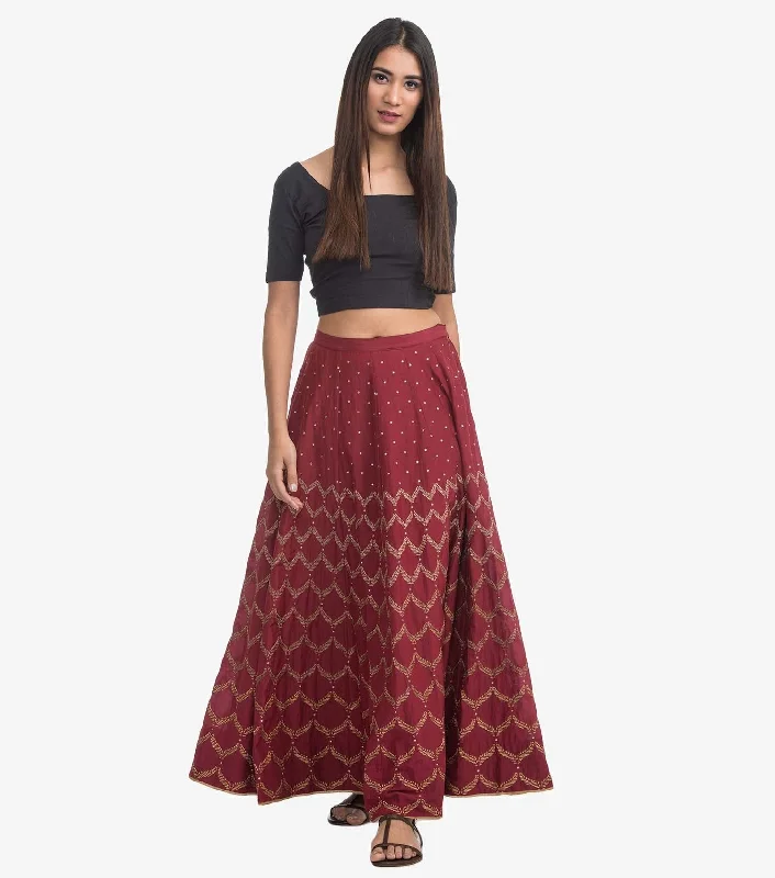 Maroon Embroidered Silk Skirt denim skirt trendy