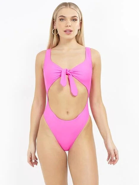 NEON PINK TIE FRONT CUT OUT SWIMSUIT Adjustable Bikini Bottoms