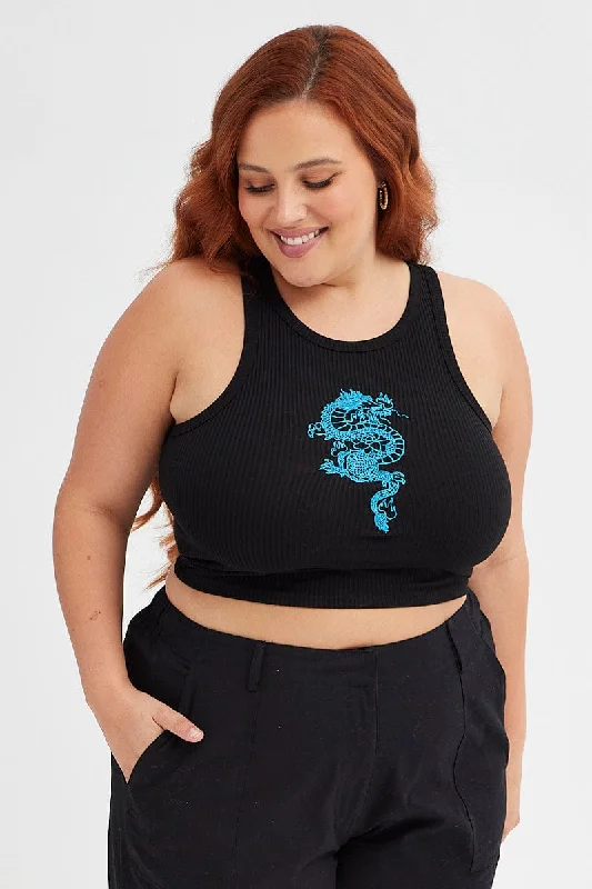 Black Sleeveless Tank Top With Blue Dragon Embroidery yoga tank top