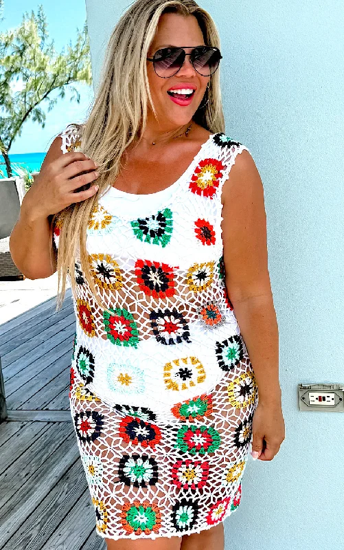 Gulf Breeze Getaway White Crochet Swimsuit Coverup Dress Bold High-Cut Bikini