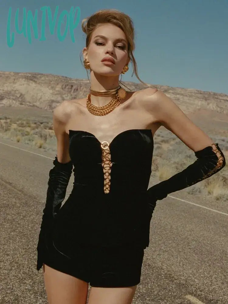 Lunivop Luxury Women Winter Sexy Strapless Backless Circle Sequined Black Mini Skirt Set Elegant Evening Club Party Outfits velvet skirt luxurious Lunivop Luxury Women Winter Sexy Strapless Backless Circle Sequined Black Mini Skirt Set Elegant Evening Club Party Outfits velvet skirt luxurious