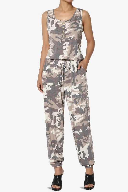 Lavanya Camo Button Scoop Neck Tank Jogger Jumpsuit seamless tank top