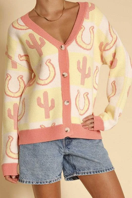 Tiled Cactus horseshoe knit cardigan Boxy Cardigan Fitted Cardigan A-Line