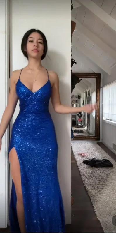 Shiny Royal Blue Straps Sequins Sheath Long Evening Party Dress, DP4001 Boat Neckline Classic Shiny Royal Blue Straps Sequins Sheath Long Evening Party Dress, DP4001 Boat Neckline Classic