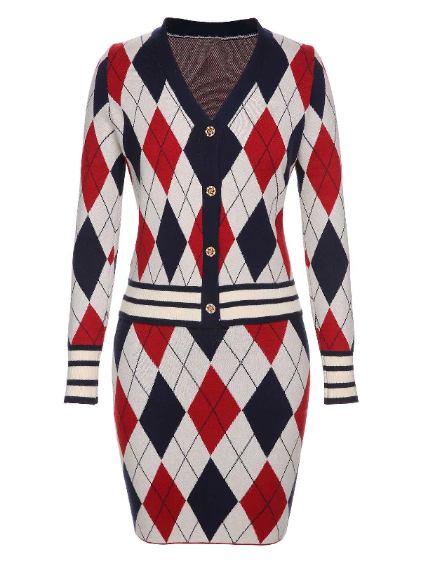 2PCS 1960s V-Neck Plaids Knitted Cardigan & Skirt Solid Color Striped Floral Print