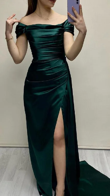 Off Shoulder Sheath Satin Green Long Formal Party Dress with Slit, DP3576 Tunics Versatile stylish