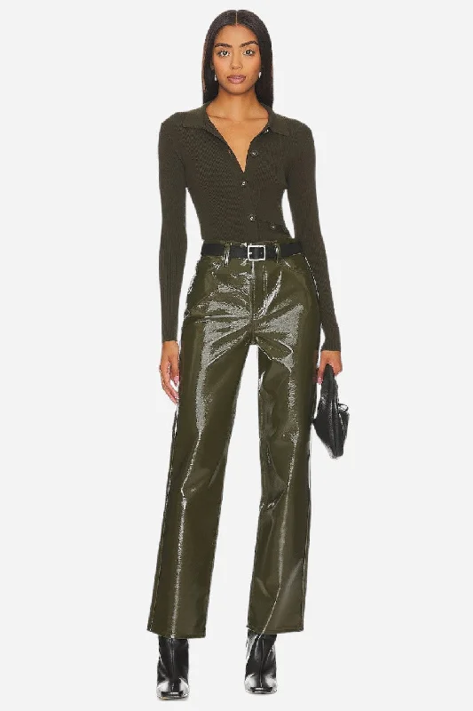 Pistola Cassie Super High Rise Straight Pants in Olive Vinyl Soft Wool Pants