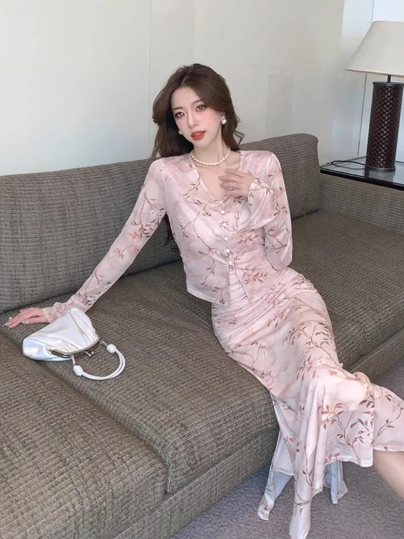 Advbridge - Chinese Style Sweet Girl Suit Women's Spring Printed Pleated Dress Long-sleeved Cardigan Two-piece Set Fashion Female Clothes Soft Cozy Warm Advbridge - Chinese Style Sweet Girl Suit Women's Spring Printed Pleated Dress Long-sleeved Cardigan Two-piece Set Fashion Female Clothes Soft Cozy Warm