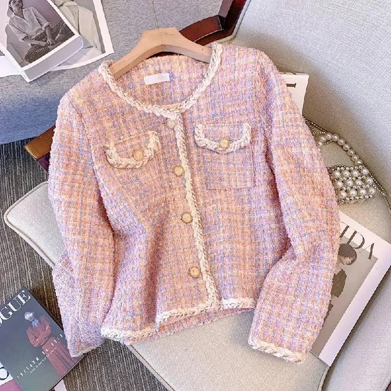 Pink Plaid Tweed Jacket Welt Pockets Slit Pockets Flap Pockets