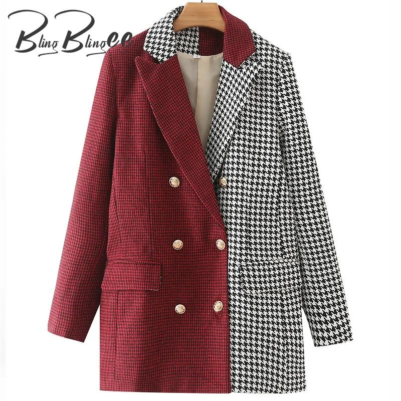 BlingBlingee Black Red Patchwork Houndstooth Casual Blazers 2022 Autumn Winter Double Breasted Women Straight Jacket Female Coat Hooded Jacket Caped Jacket Shawl Collar Jacket BlingBlingee Black Red Patchwork Houndstooth Casual Blazers 2022 Autumn Winter Double Breasted Women Straight Jacket Female Coat Hooded Jacket Caped Jacket Shawl Collar Jacket