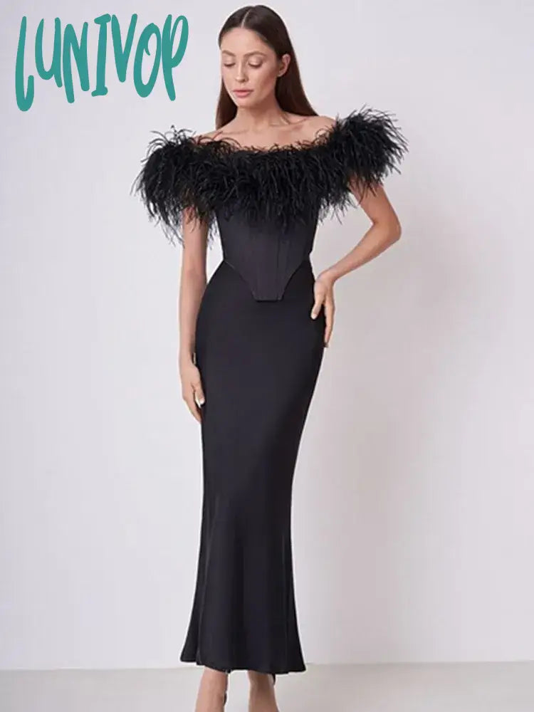 Lunivop Women Celebrity Sexy Off Shoulder Feather Black Maxi Long Bodycon Bandage Skirt Set Elegant Evening Club Party Outfits velvet skirt glossy Lunivop Women Celebrity Sexy Off Shoulder Feather Black Maxi Long Bodycon Bandage Skirt Set Elegant Evening Club Party Outfits velvet skirt glossy