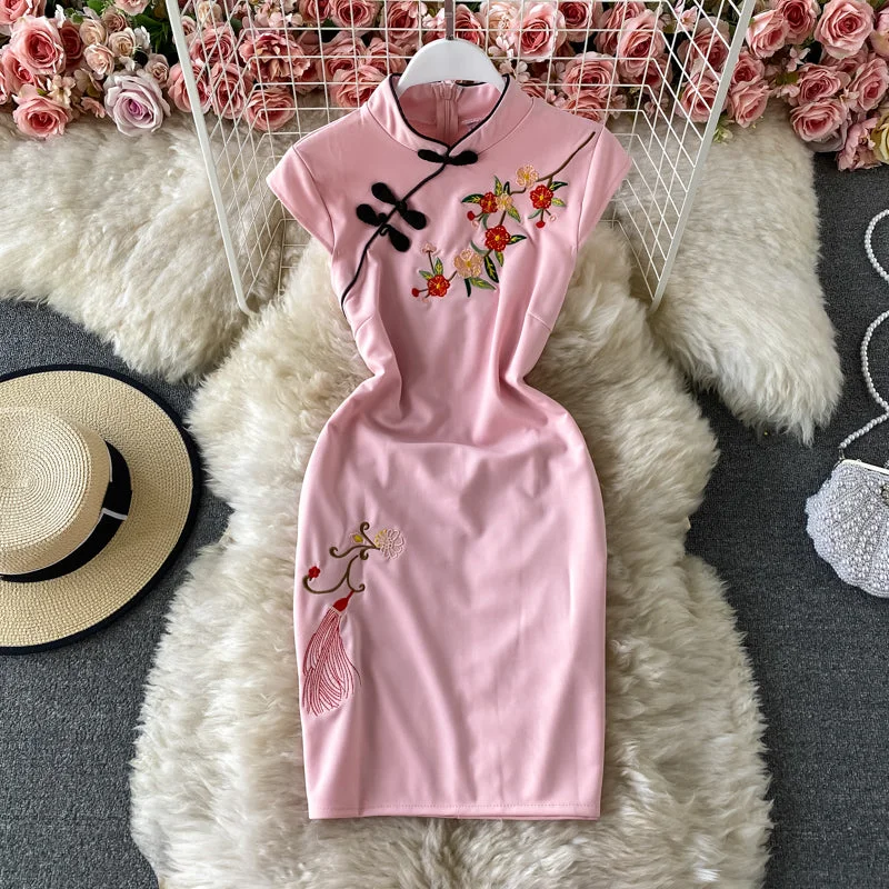 Cheongsam skirt retro stand collar buckle plum blossom embroidery 2754 linen skirt light Cheongsam skirt retro stand collar buckle plum blossom embroidery 2754 linen skirt light