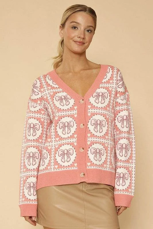 Bow tiled knit cardigan Cable Knit Ribbed Knit Lace Knit