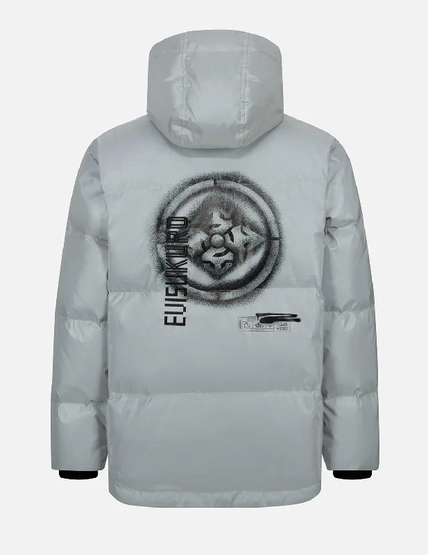 Spray-effect Kamon Print Down Jacket Zip Front Button Front Snap Front