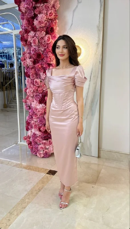 Light Pink Short Sleeves Satin Long Formal Party Dress, DP3820 Tunics Sophisticated sleek Light Pink Short Sleeves Satin Long Formal Party Dress, DP3820 Tunics Sophisticated sleek