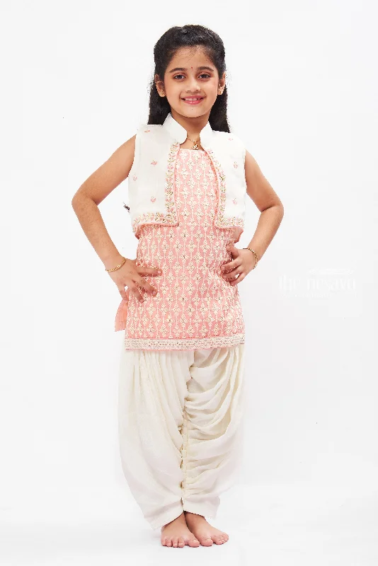 Pink Blossom Kurti and Pant Set with Overcoat for Girls Classic Flared Pants