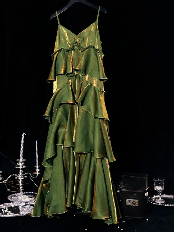 Green V-Neck Tiered Flounce Long Prom Dress Party Dress cc1446 Shift Classic Vintage Green V-Neck Tiered Flounce Long Prom Dress Party Dress cc1446 Shift Classic Vintage