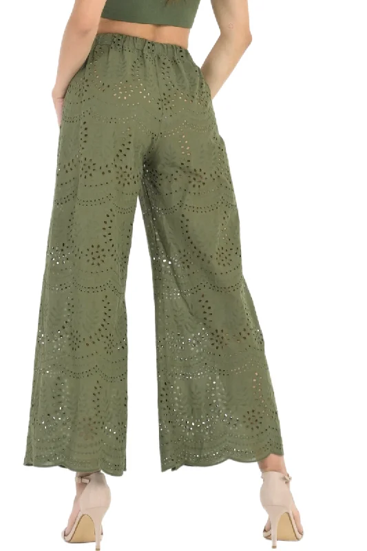 Olive Green Eyelet Embroidery Wide Leg Pants Slim Fit Casual Pants