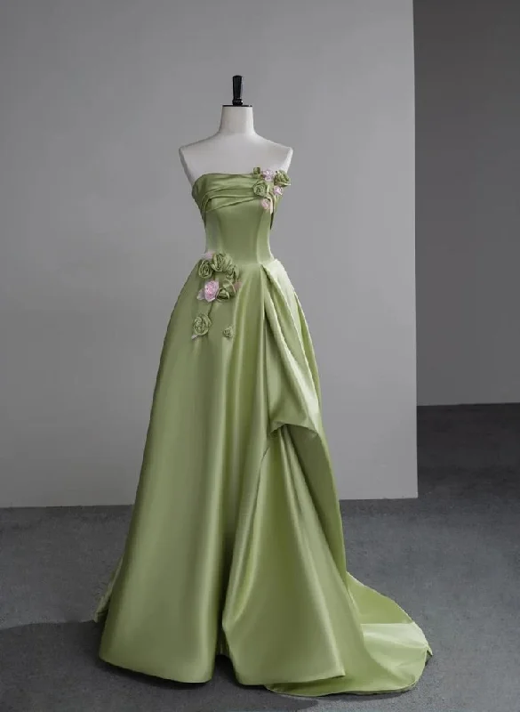 Elegant Green Satin Party Dress With Flowers, Green Long Prom Dress cc1442 Boatneck Modish Everyday Elegant Green Satin Party Dress With Flowers, Green Long Prom Dress cc1442 Boatneck Modish Everyday
