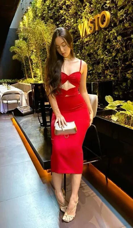 Charming Red Spaghetti Straps Midi Length Party Dress DP3907 Crew Neckline Sporty
