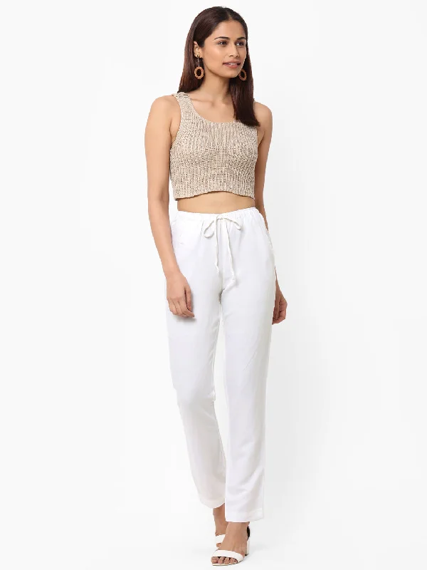 Women's White Linen Regular Fit Pant Elegant High-Waist Pants