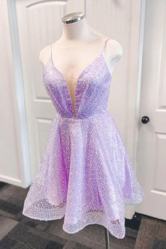 sparkle lavender short party dress homecoming dress C799 Halter Neckline Beach