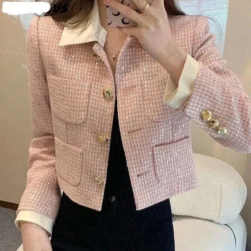 Patchwork Crop Tweed Jacket Women Fleece Jacket Down Jacket Feather Jacket