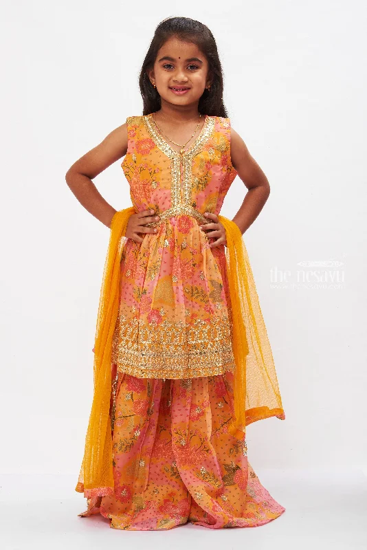 Golden Yellow Aliacut Kurti with Gharara Pant Set for Girls Stylish Paperbag Waist Pants