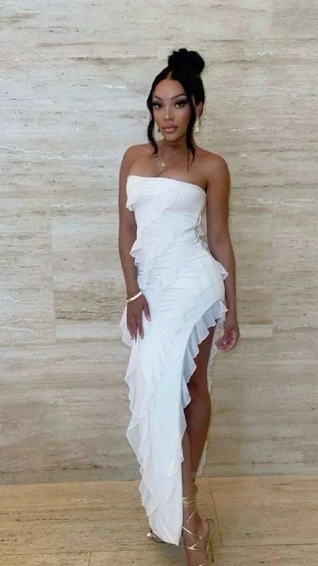 Sexy White Strapless Ruffles Sheath Long Party Dress with Split, DP3726 Pleated Skirt Elegant Sexy White Strapless Ruffles Sheath Long Party Dress with Split, DP3726 Pleated Skirt Elegant