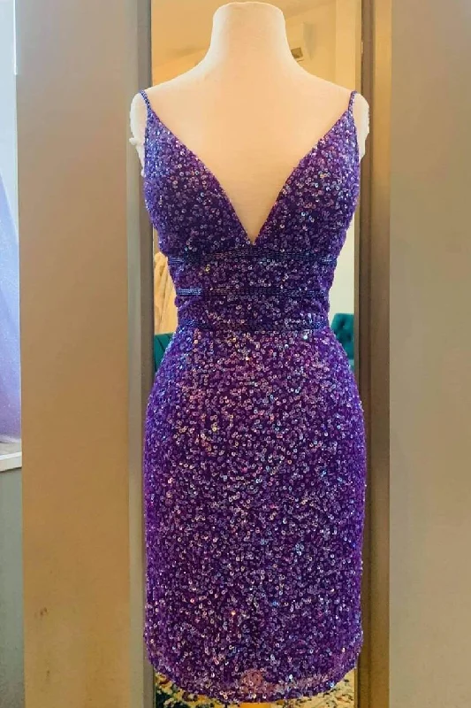 Purple Sequins Tight Short Party Dress c3227 Tunics Velvet soft
