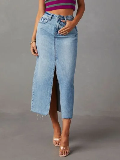 Raw Hem Front Slit Denim Midi Skirt breathable skirt fabric