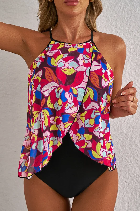 Purple Floral Print O Neck Open Back One Piece Swimsuit Elegant Ruffle Swimsuit
