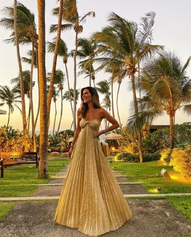 Gold Strapless A-Line Pleated Long Evening Party Dress DP3918 Shift Classic Vintage